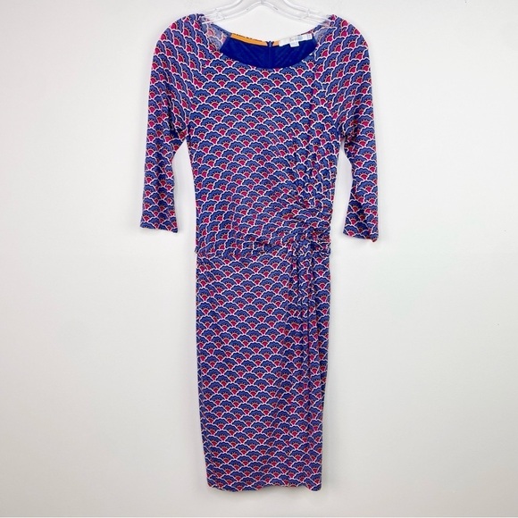 Boden Harper Stretch Knit Faux Wrap Day Dress blue cream pattern size 6 - Picture 12 of 12